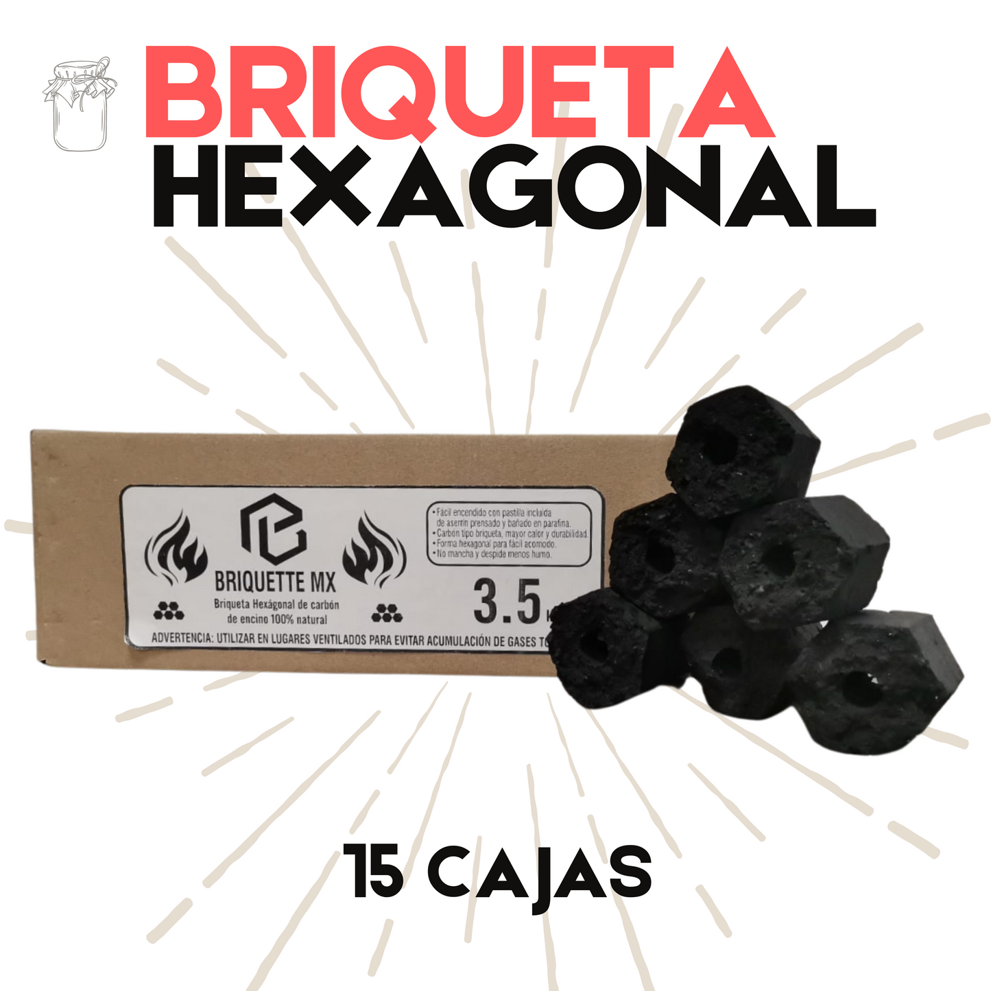 Briqueta Hexagonal | Carbón de Encino | 100% natural | Venta Mayoreo | Mexpofood