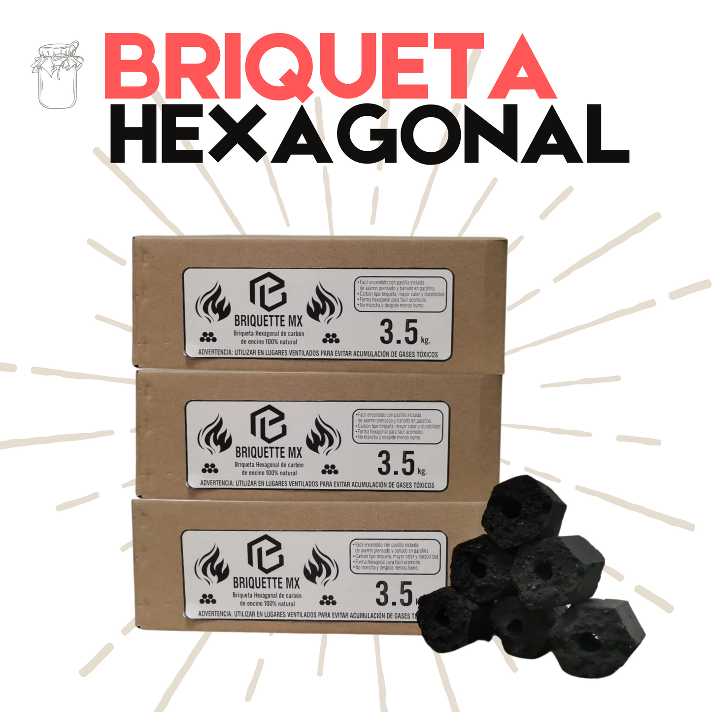Briqueta Hexagonal | Carbón de Encino | 100% natural | 10.5 kg | Mexpofood