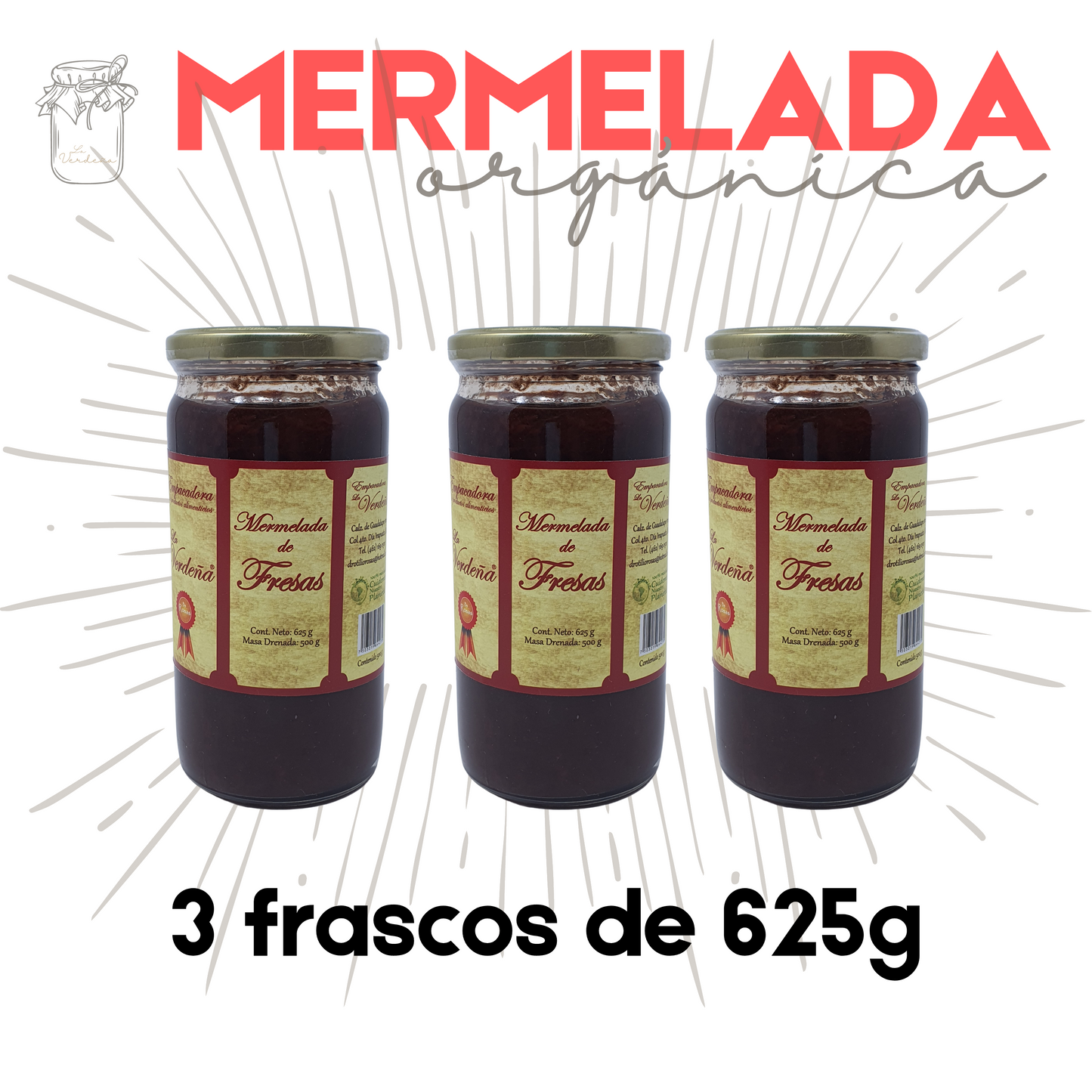 Mermelada de Fresa | Orgánica | Artesanal | Gourmet | 3 frascos | 625g | Mexpofood