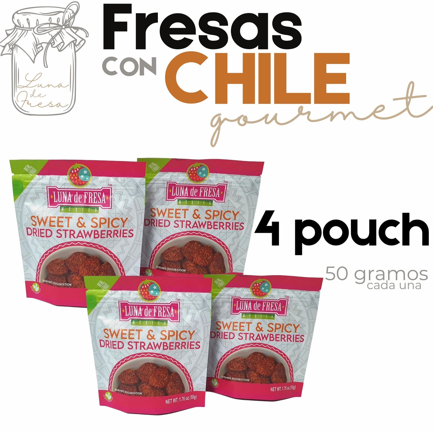 Fresas cristalizadas con chile 4 bolsas snack.