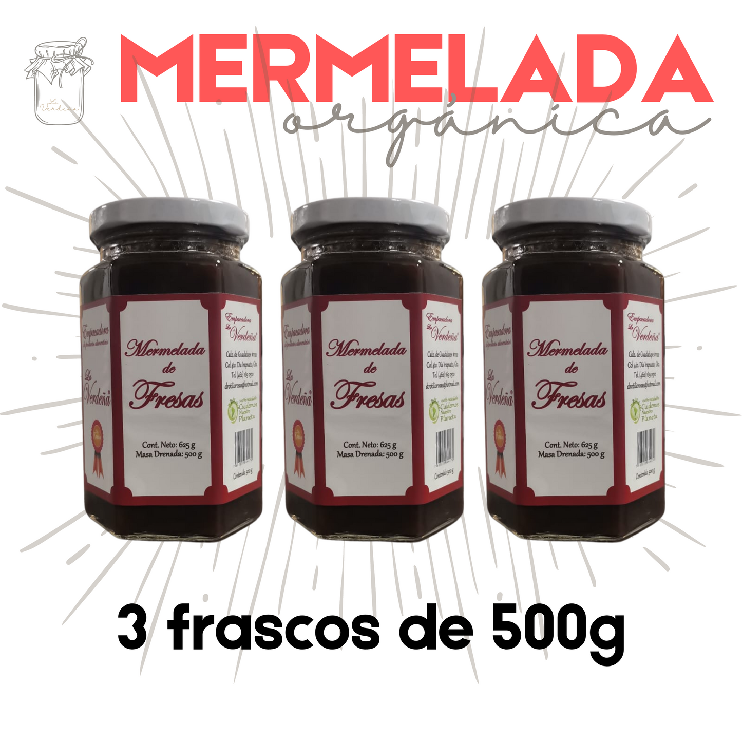 Mermelada de Fresa | Orgánica | Artesanal | Gourmet | 3 frascos | 500g | Mexpofood